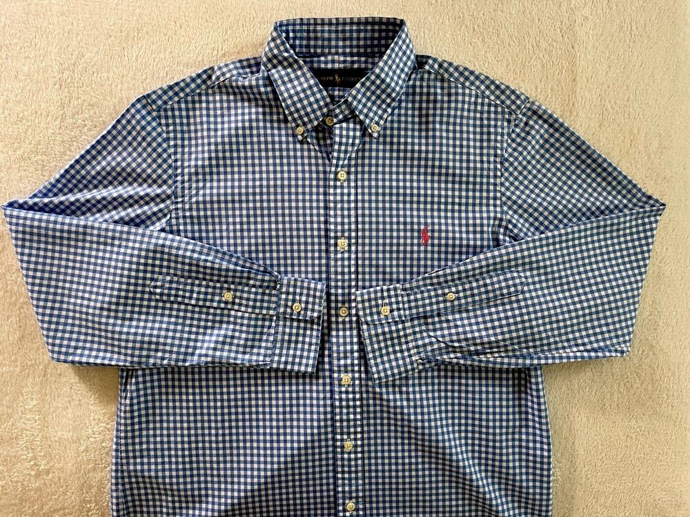 Ralph Lauren Blue Gingham Button Down Pink Pony Poplin Shirt Mens Large